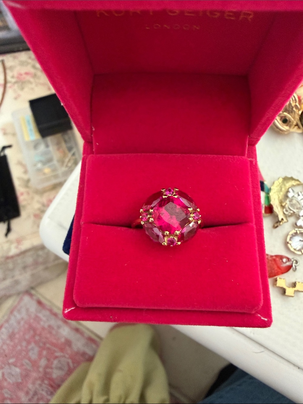 Sparkling gorgeous Fuchsia Crystal Cocktail Ring in Gold-Tone Setting